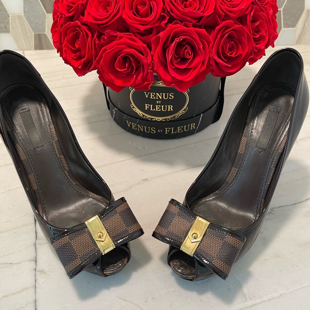 Louis Vuitton Valentine Damier Open Toe Pump Brown Leather Patent